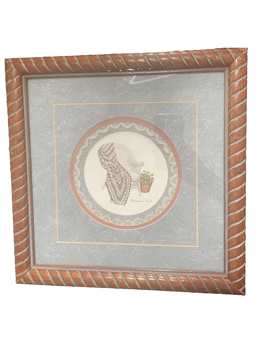 Grandma’s Quilt Framed Country Cottage Wall Art 12x12 Dated 1989
